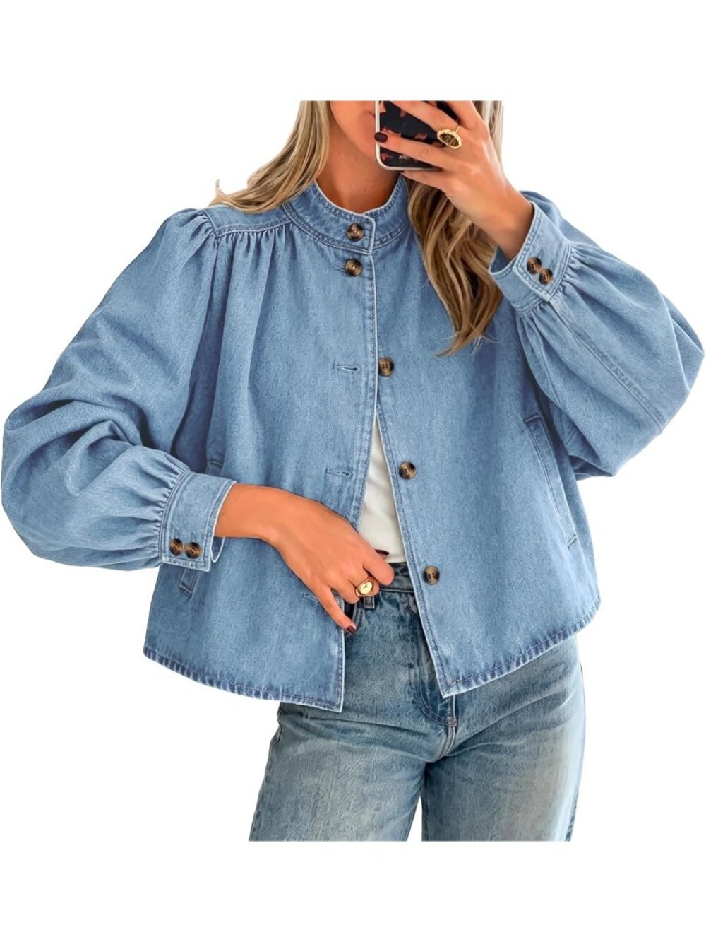 Women’s Light Blue Puff Sleeve Stand Collar Button Down Loose Fit Jean Jacket